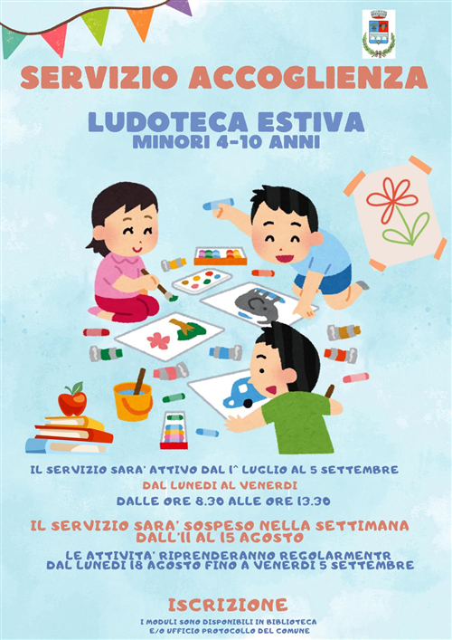 SERVIZIO DI LUDOTECA ESTIVA PER MINORI dai 4 ai 10 ANNI. AVVIO ATTIVITA'